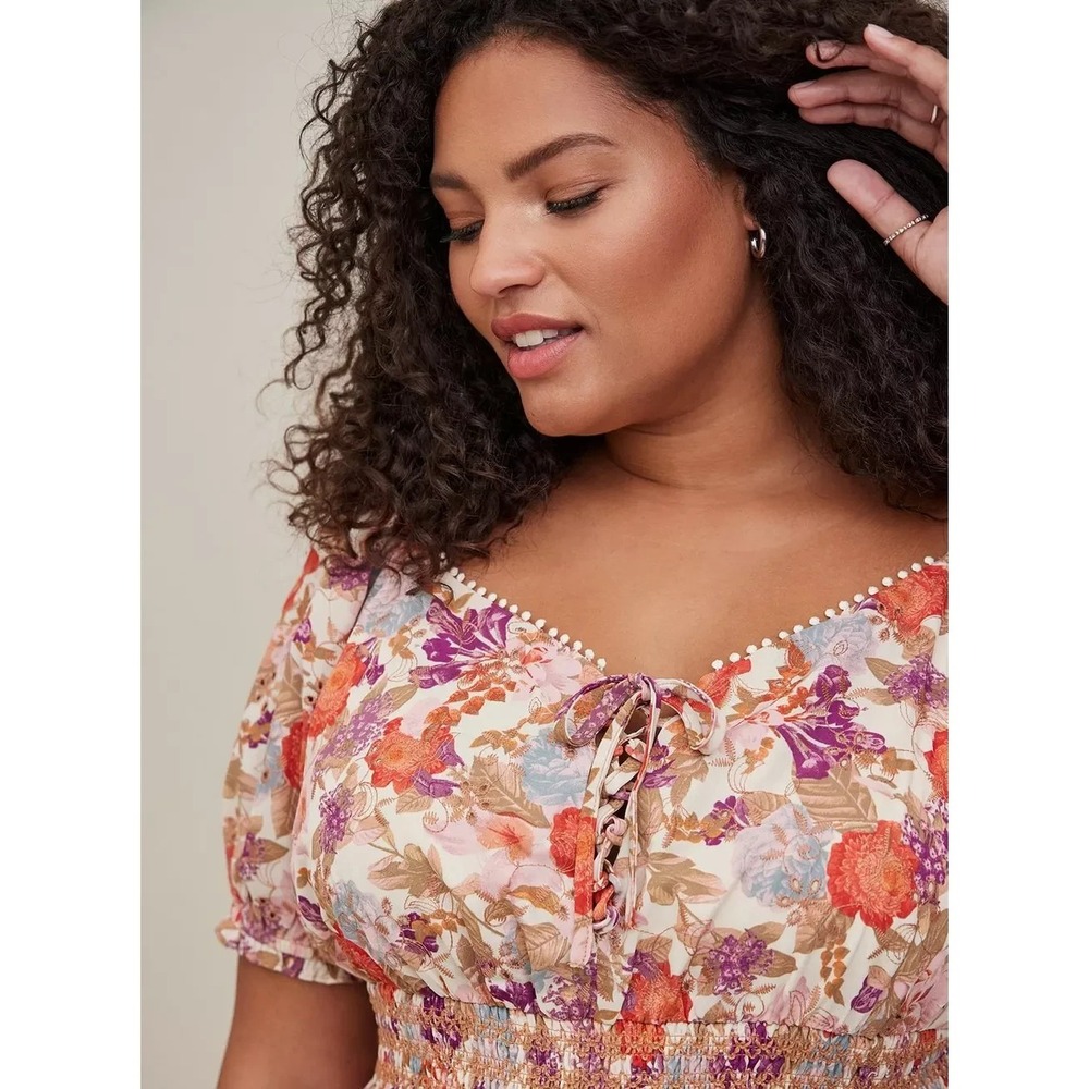 Torrid Georgette Eyelet Smocked Waist Puff Sleeve Top Plus Size 3X Peasant Boho - Picture 4 of 13
